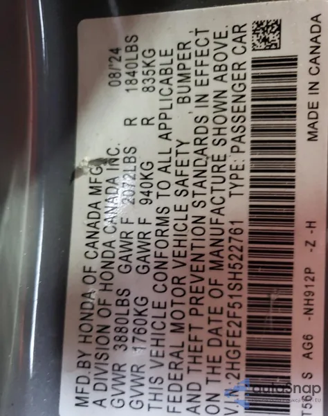 2025 Honda Civic Sport from USA, damaged, VIN 2HGFE2F51SH522761